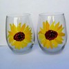 2 Sunflower Hand Painted Stemless Wine Glasses
