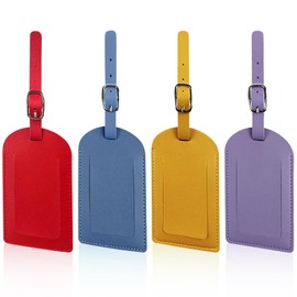 Pack of 4 Leather Luggage Tags, PU Leather Luggage Tags, Suitcase Tag Identifiers, Luggage Labels Tags with Adjustable Strap, Privacy Cover for Suitcase Travel (4 Colours)