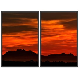 SIGNWIN 2 Piece Framed Canvas Wall Art Sunset in The Mountains Canvas Prints Home Artwork Decoration for Living Room,Bedroom - 24"x36"x2 Panels