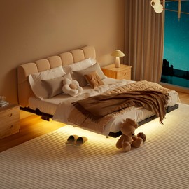 LUKIROYAL Floating Bed Frame with Smart LED Lights and Charging Station, 7 Inch Queen Size Floating Beds, LED Bed Frame, Bed Frame with Lights, No Box Spring Needed, Easy to Assemble