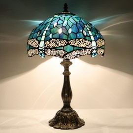 LXHCYOU Tiffany Lamp Stained Glass Table Lamp Bedside Reading Light W12H19 Inches (Sea Blue Dragonfly Style)