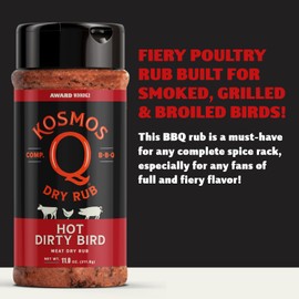 Kosmos Q Hot Dirty Bird BBQ Dry Rub, Spicy Seasoning with Chili Pepper, Brown Sugar, Garlic & Onion for Chicken, Turkey, Ribs, Pork, Dry Rub for Smoking & Grilling Meat, BBQ Spice Blend, 11 Oz Bottle