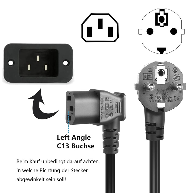 GELRHONR 3 Pin IEC Power Cable, 90° Angled CEE 7/7