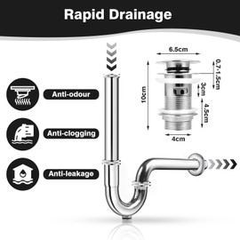 Universal Sink Siphon Set, Chrome Pop-Up Drain Fitting with Overflow, Pipe Siphon for Washbasin (Siphon + Drain Strainer)