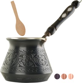 BCS 18 Oz X-Large Copper Turkish Greek Arabic Coffee Pot with Wooden Handle (6 servings) Cezve Briki Ibrik Stovetop Coffee Maker (Includes Wooden Spoon)