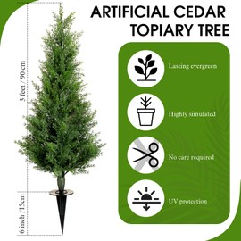 Canlierr 2 Set 3 Ft Christmas Artificial Cedar Trees with Ground Spike UV Resistant Artificial Topiary Tree Outdoor Fake Shrub Plants Potted Pine Tree for Porch Garden Entryway Front Door Decor