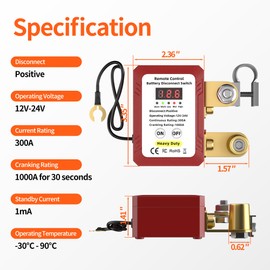 Remote Battery Disconnect Switch 300A 12V-24V Positive Side Kill Switch for Car with Led Voltage Display Anti-Theft Automatic Shut Off Switch for Auto Truck Boat