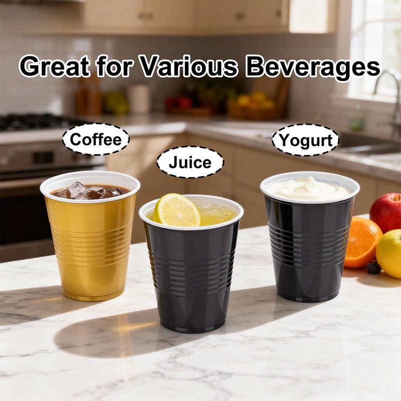 12 oz Disposable Plastic Cups – Black & Gold 2-Color