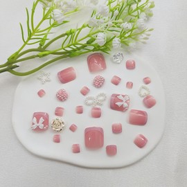 Press on Toenails Short Square Fake ToeNails with 3D Bow Pearl Designs Pink French Toe Nail Press ons Cute Toenail Press ons Nude False Toenails Artificial Stick on Toenails for Women 24Pcs
