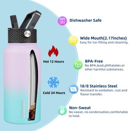 BJPKPK 2 Pack Insulated Water Bottles with Straw Lids, 27oz Stainless Steel Metal Water Bottle with 6 Lids, Leak Proof BPA Free Thermos, Cups, Flasks for Travel, Sports (Oasis+Black)