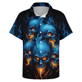 Hurspmr Men's Button Down Shirt with Skull Cool Graphic Casual Hawaiian Beach Shirts,Blue,M