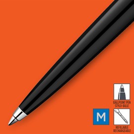 Parker Jotter Ballpoint Pen | Chrome Trim, Bond Street Black Lacquer Barrel & Stainless Steel Cap | Medium Point, Black Ink | Perfect for Home, School & Office | In Gift Box