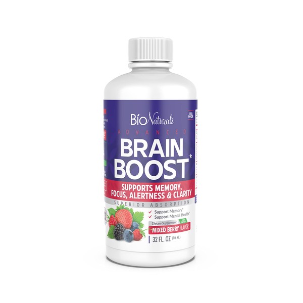 Bio Naturals Mental Boost Liquid Nootropic Supplement - Enhance Brain Performance with Improved Memory, Alertness, Clarity & Focus - Contains Ginkgo Biloba, Huperzine-A, DMAE - 32 fl oz