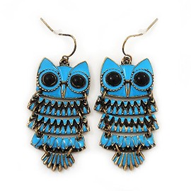 Blue Enamel Owl Drop Earrings In Aged Gold Metal/Vintage Style/55mm Long