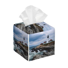 Square Tissue Boxes 5.2"x5.2"x5.2", Lighthouse Beach Sky Tissue Holder Decor for Bathroom/Vanity Countertop/Home/Car/Office