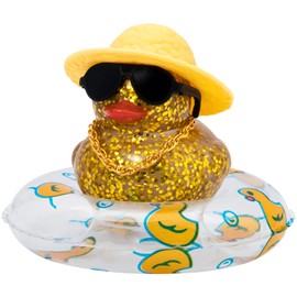 wonuu Shining Rubber Ducks with Plastic Sunglasses Swim Ring Necklace Hat, Glittering Cute Car Accessories Car Decor Dashboard Decorations Car Duck Cute Pink Car Accessories Rubber Ducky, Gold-Clear