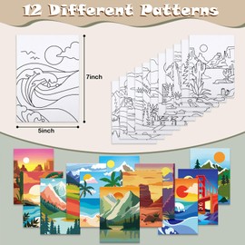 12 Packs Pre Drawn Canvas to Paint for Adults, Pre Printed Canvas for Kids, Pre Stretched Canvas Outline Painting Boards for Beginners, Students, Party Favor (5 * 7 inch, Landscape)