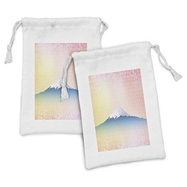 Lunarable Landscape Fabric Pouch Set of 2, Hill Cherry Tree Full Bloom Spring Theme Japanese Nature Snow Mountain, Small Drawstring Bag for Toiletries Masks and Favors, 9" x 6", Pale Pink Blue Peach