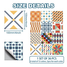 CHGCRAFT 36pcs 12 Styles Colorful Geometric Pattern Tile Stickers Waterproof Tile Stickers Square with Flower Pattern for Kitchen Bathroom Bedroom Wall Fireplace Floor Decoration, 3.9×3.9inch