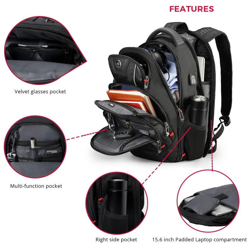 Swissdigital Design Travel Backpack for men, TSA Friendly USB Charging