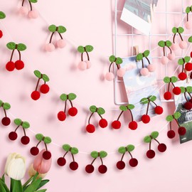 Jexine 3 Pieces Cherry Garland Decor Summer Cherries Party Decoration Pom pom Felt Bunting banner 6.6 Ft Colorful DIY Fruit Hanging Ornaments for Baby Birthday Wedding(Red, Pink, Rose-red)