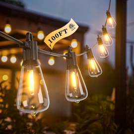 Kawaya Outdoor String Lights 100 FT LED Patio Lights with 50+2 Shatterproof Vintage Edison Bulbs 2700K Dimmable IP65 Waterproof Outside Hanging Lights for Yard Porch Deck Balcony Bistro Cafe Party