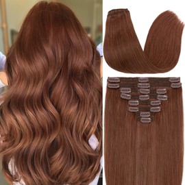 S-noilite Clip in Human Hair Extensions 100% Real Remy Thick True Double Weft Clip in Hair Extensions Full Head 8 Pieces 18 Clips Straight Silky (14 Inch - 120g,Dark Auburn (#33))
