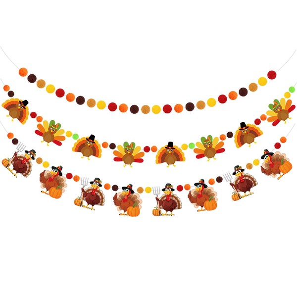 Doumeny 3Pcs Fall Thanksgiving Felt Banner Thankful Felt Turkey Bunting