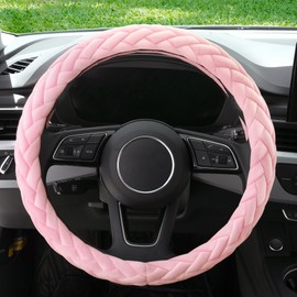 YHONGJT Soft Velvet Steering Wheel Cover Cute Hands Warm Fuzzy, Universal 15 Inch for Women Girls, Fit Vehicles, Sedans, SUVs, Vans, Trucks - Light Pink