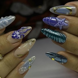 ROFIBUT Ocean Press on Nails Medium Almond Fake Nails with Pearl Design Glossy Seashell Acrylic Nails Reusable Summer Starfish Full Cover False Nails Cute Blue Jellyfish Stick on Nails for Women 24Pcs