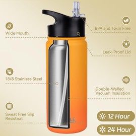 HASLE OUTFITTERS Insulated Water Bottle Kids 16 oz Double Wall Vacuum Stainless Steel Water Bottle Leak Proof for School Wide Mouth with Straw Lid Spout Lid Keeps Cold and Hot(Yellow and Orange,4pack)