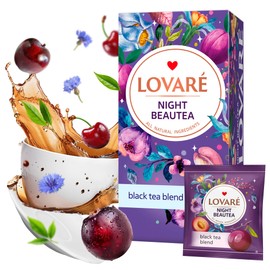 LOVARE Night Beautea Tea Bags 48 g - Made in Ukraine - Ceylon Black Tea, Cherry Berries, Cornflower Petals, Royal Pomegranate Plum - Individually Wrapped - Gift Box for Tea Lovers (24 x 2 g)