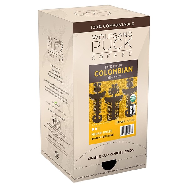 Wolfgang Puck Soft Coffee Pods, Organic Fair Trade, Colombian Coffee, 9.5 Gram, 6 x 18 Count