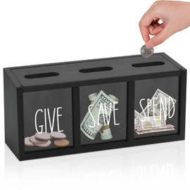 Wooden Give Save Spend Money Saving Box for Kids, Countertop Kid Piggy Bank for Daily Cash, Wall-Mount Kids Banks for Bills and Coins, Visualized Piggy Bank for Bedroom, Living Room, Laundry Room…