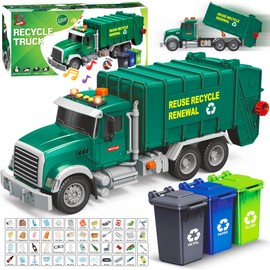 MOBIUS Toys Garbage Truck Toy – Recycling Vehicle for Boys with 3 Garbage Cans + 48 Flash Cards – Push & Go, Lights & Sounds – Multi-Functional Trash Truck w/Moving Parts for Ages 3-8