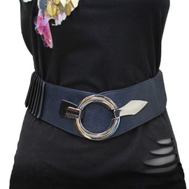Glamexx24 Women's Elastic Waist Belt 6 cm Wide Waist Belt with Silver Ring, blue