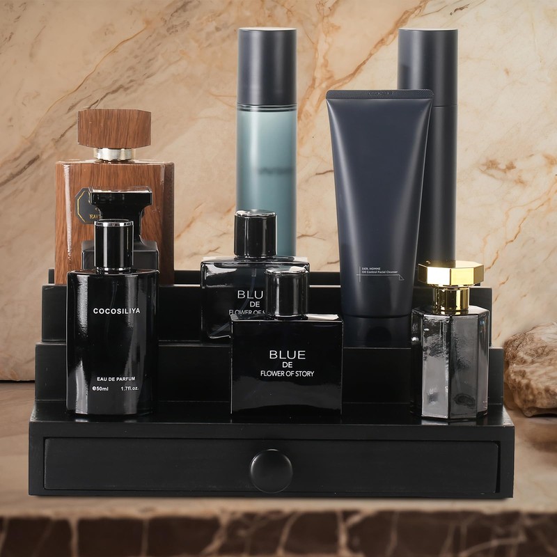 Black Wooden Cologne Organizer for Men - 3 Tier Wooden