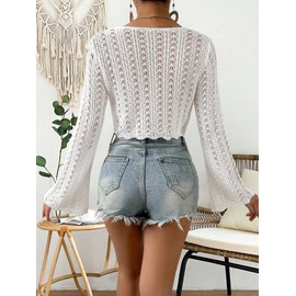 SHENHE Women's Tie Front Cardigan Trumpet Sleeve Pointelle Knit Crop Tops White L