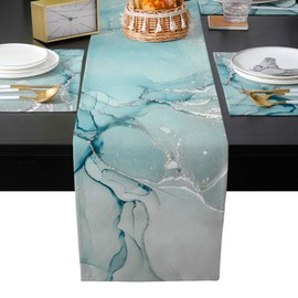 Daleng Blue Marble Table Runner 70 Inch and Place Mats Set of 6 Green Gray Texture Cotton Linen Table Mats Set, Heat Insulation Washable Placemats Set for Wedding, Indoor Outdoor Parties
