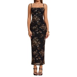 JKMNAO Women's Summer Floral Maxi Dress Spaghetti Strap Sleeveless Bodycon Wedding Guest Party Fitted Elegant Long Dresses