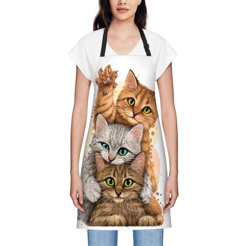 oFloral Three Cute Kittens Bib Apron with Adjustable Neck for