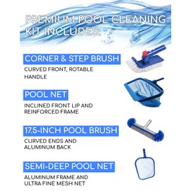 KUJOBUY Swimming Pool Cleaning Kit Cleaner Tool for Swimming Pool Professional Cleaning Set: Leaf Skimmer, Mesh Net, 17.5 Inch Brush Head Scrubber 4-Pieces Set - No Pole