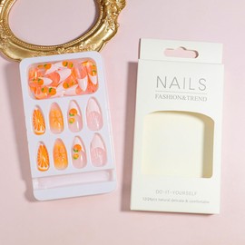 White French Tips Press on Nails Medium Length 3D Flower Orange Pattern Design Fake Nails Almond Glue on Nails Summer Fruit Acrylic Full Cover False Nails Artificial Stick on Nails for Women 24Pcs