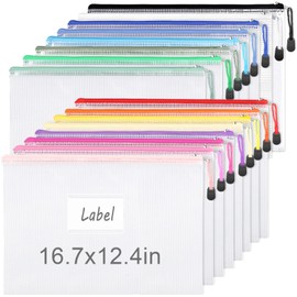 EOOUT 16pcs A3 Zipper Bags, Mesh Zipper Pouch, Document Bag with Labels, Plastic Zip File Folders in 16 Colors, Letter Size, Zipper Bags for Organizing, for School, Board Games and Office Supplies