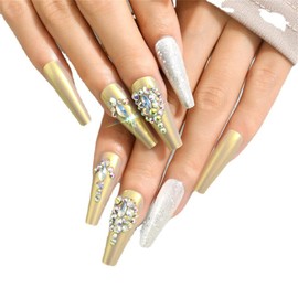 Cubic Zirconia Laser Color Press On False Nails Medium Length Full Cover Acrylic Long Ballerina Coffin Shaped Fake Nails for Women Lady High Polished Shiny Summer Fashion Nails for Nail Salons and Home DIY Nail Art 24 PCS (A19-ZXG-7 Gold)
