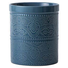 Fun Elements Kitchen Utensil Holder, 7.2" Super Large Utensil Crock Heavy and Stable Lace Emboss Ceramic Utensil Holder for Kitchen Counter (Grayish Blue)