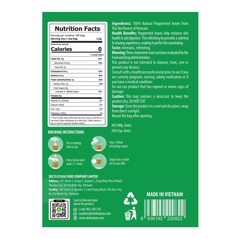 SUNBELEAF Peppermint Tea – 100 Herbal Tea Bags, Caffeine-Free, Gentle