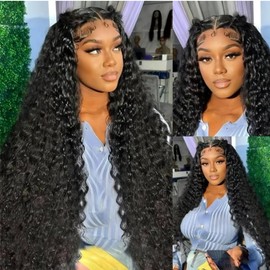 LHHUR Deep Wave Lace Front Wigs Human Hair Deep Curly Wigs 200% Density 24 Inch HD transparent 13x4 Wet and Wavy Human Hair Frontal Wigs glueless wigs pre plucked with baby hair Natural Black