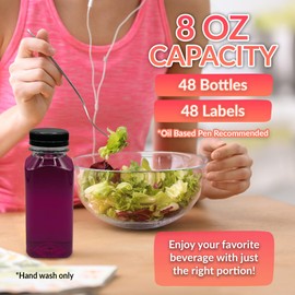 Reli. Plastic Juice Bottles [48 Bulk Pack] [8 oz] Square Plastic Juice Bottles with Caps & Sticker Labels | Clear, Empty for Juicing 8oz | Disposable, Reusable Containers for Juicing, Smoothies