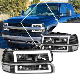 PM PERFORMOTOR LED DRL Headlights Assembly+Bumper Lamps Compatible with 99-06 Chevy Silverado Suburban Tahoe,Black Housing/Clear Lens